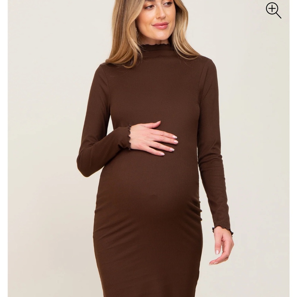 Pinkblush maternity brown ribbed mock neck lettuce trim midi dress